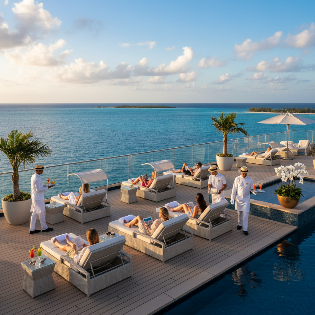 A wide shot of a lavish, uncrowded sundeck on a luxury cruise ship, with guests relaxing on comfortable loungers, sipping cocktails, and overlooking the turquoise Caribbean Sea. The atmosphere is serene and elegant, with impeccable service visible.