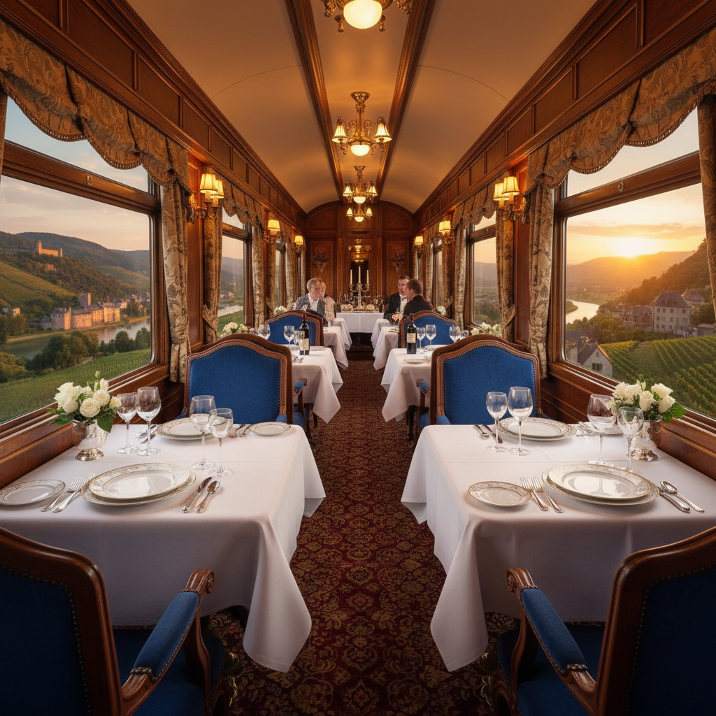 A opulent dining car on a luxury train, with elegant place settings, crystal glasses, and a view of picturesque European countryside through a large window, bathed in soft, warm light.
