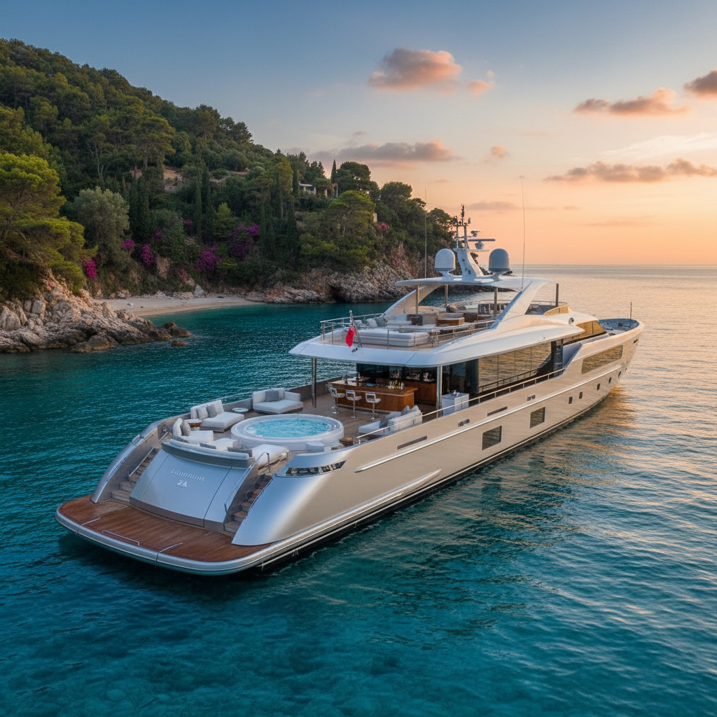 A detailed and photorealistic image of a sleek, modern luxury yacht with a large deck and jacuzzi, anchored in a stunning, secluded Mediterranean bay with clear turquoise water and a lush green coastline under a clear blue sky at sunset.