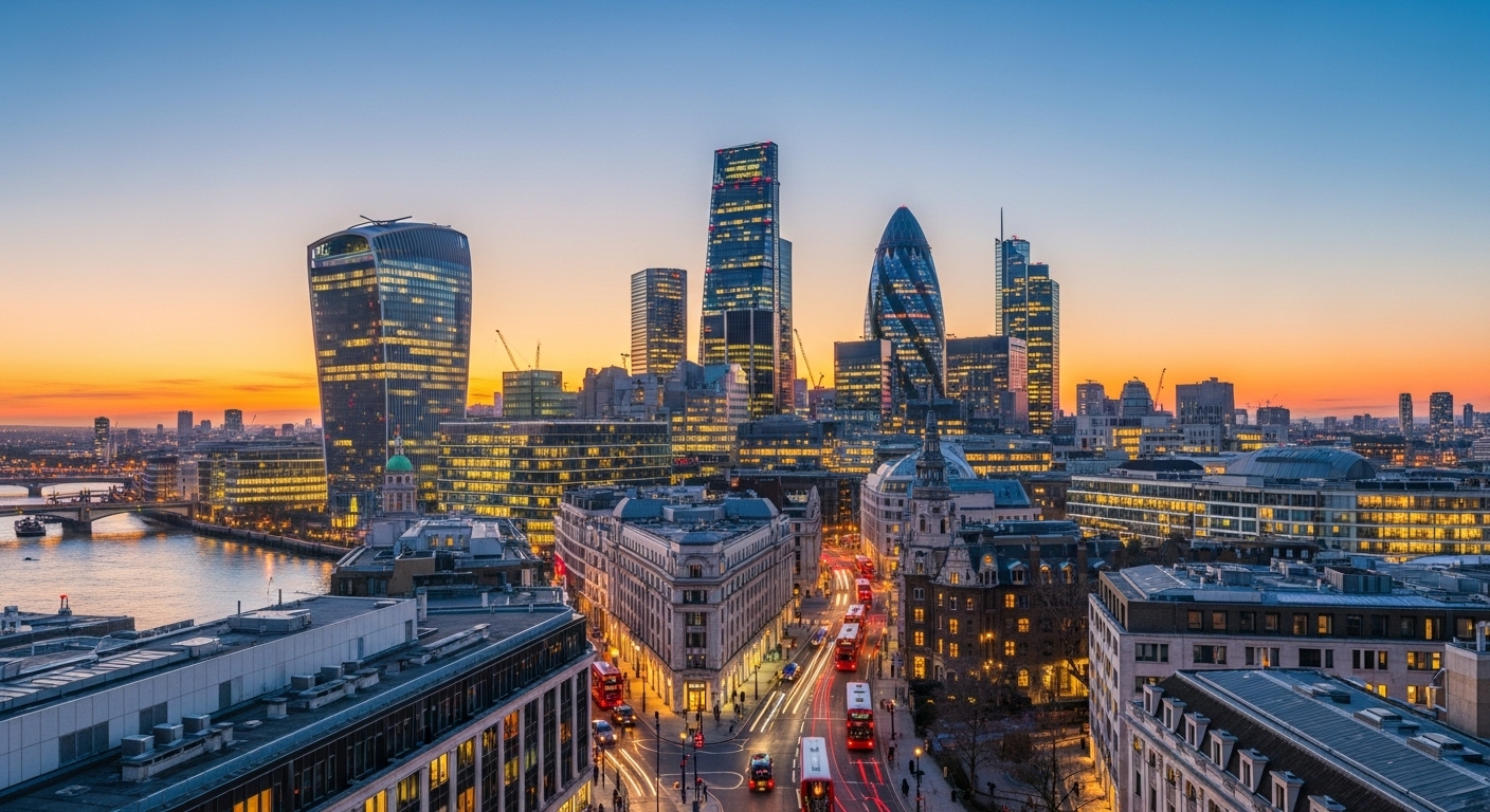 A wide-angle, modern cityscape of London at sunset, with prominent financial buildings and a clear, professional sky. The image should convey economic dynamism and stability, highlighting the UK's appeal for investment.