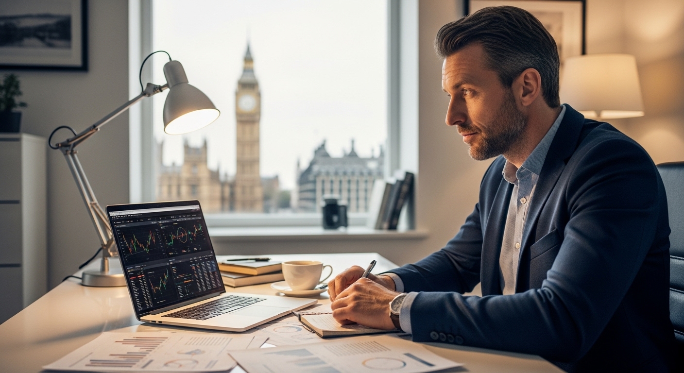 A UK expat, a man in his late 40s, sits in a modern home office with a laptop, intensely reviewing financial charts and documents. A subtle, blurred image of the Big Ben or a similar iconic UK landmark is visible in the background through a window, symbolizing his connection to the UK. He looks thoughtful and professional.