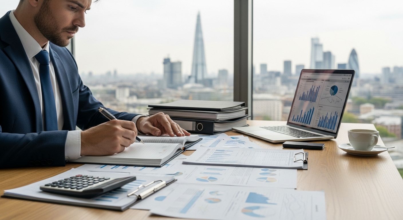 A professional accountant meticulously reviewing financial documents and ledgers on a desk, with a laptop displaying financial charts and a blurred background of the London cityscape. The image should convey precision and expertise in financial management.