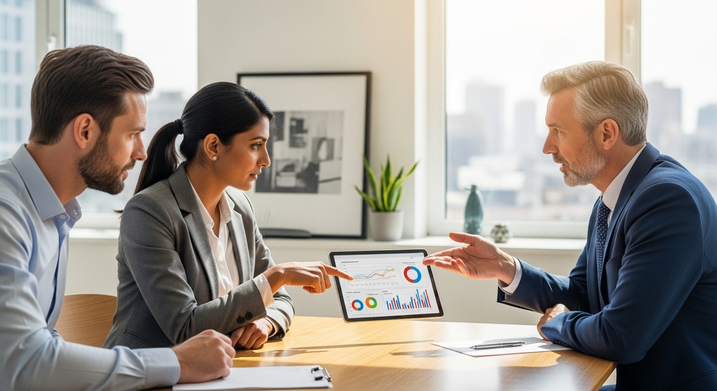 Two diverse business professionals, one an expat, are engaged in a serious discussion with a British financial advisor, pointing at a financial projection on a tablet. The setting is a modern, light-filled office, emphasizing collaboration and expert guidance.