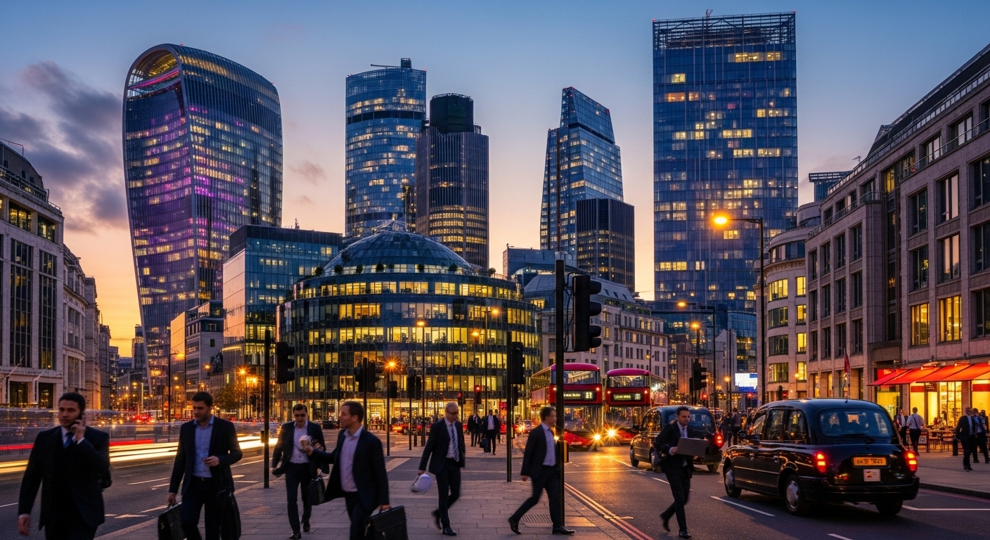 A modern, bustling UK city financial district skyline at dusk, with sleek glass buildings reflecting the setting sun, and diverse business professionals in motion on the streets below, conveying dynamism and opportunity.