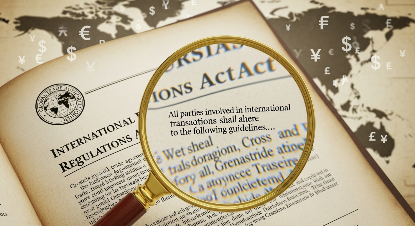 A detailed, photorealistic image of a legal document outlining international business regulations, with a magnifying glass highlighting specific clauses, set against a blurred background of a global map and currency symbols.
