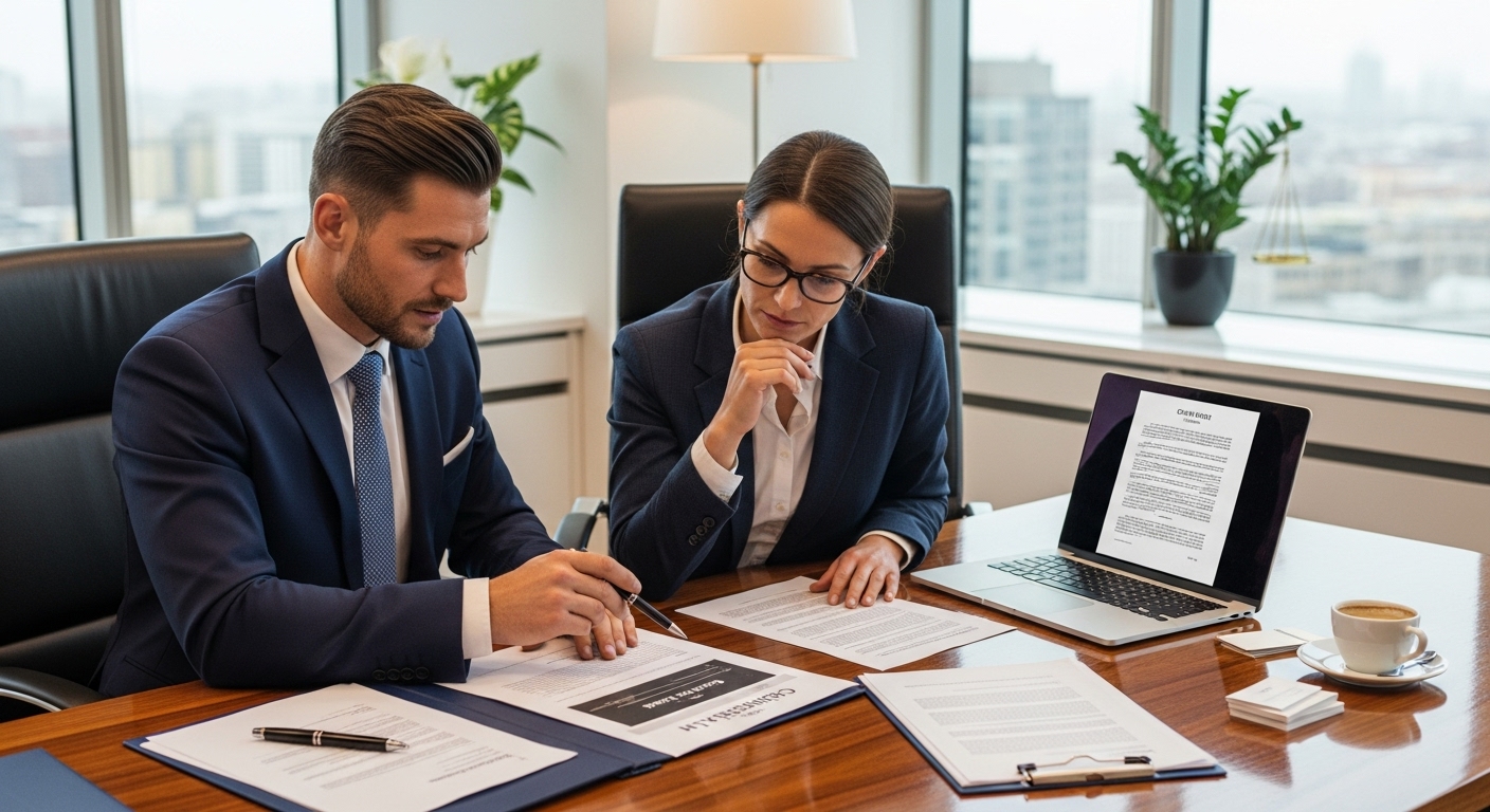 A professional, photorealistic image depicting a UK expat entrepreneur and a legal advisor collaboratively reviewing business plans and legal documents in a modern, well-lit office, with a computer screen displaying legal clauses.