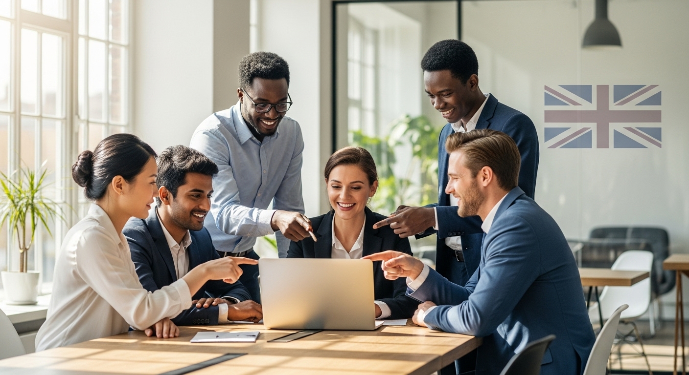 A diverse group of business professionals from around the world collaborating on a laptop in a modern, sunlit office, with a subtle UK flag graphic in the background, conveying global business connectivity and partnership.