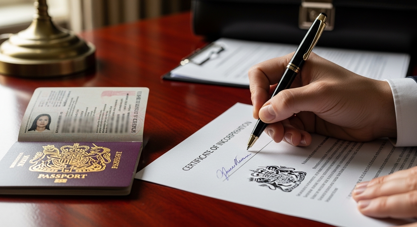 A professional close-up shot of a hand signing a legal document, with a UK passport and a pen on a mahogany desk, suggesting the final stages of a formal business registration process.