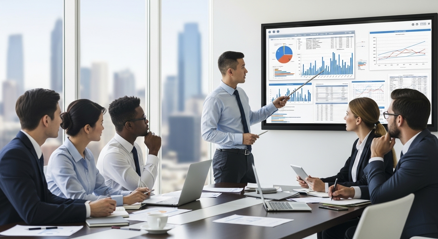 A professional, diverse group of business people in a modern office, looking at financial charts on a large screen, discussing complex tax implications with a serious but engaged expression, depicting international business collaboration.