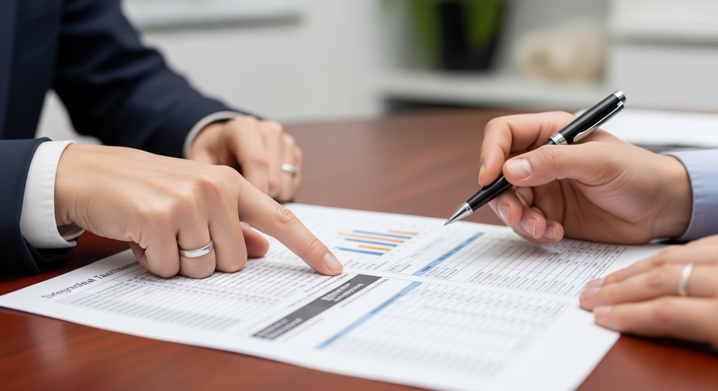 A close-up of a hand pointing at a complex financial document with graphs and numbers, while another hand holds a pen, symbolizing a detailed tax consultation session between an expat business owner and their advisor in a professional setting.