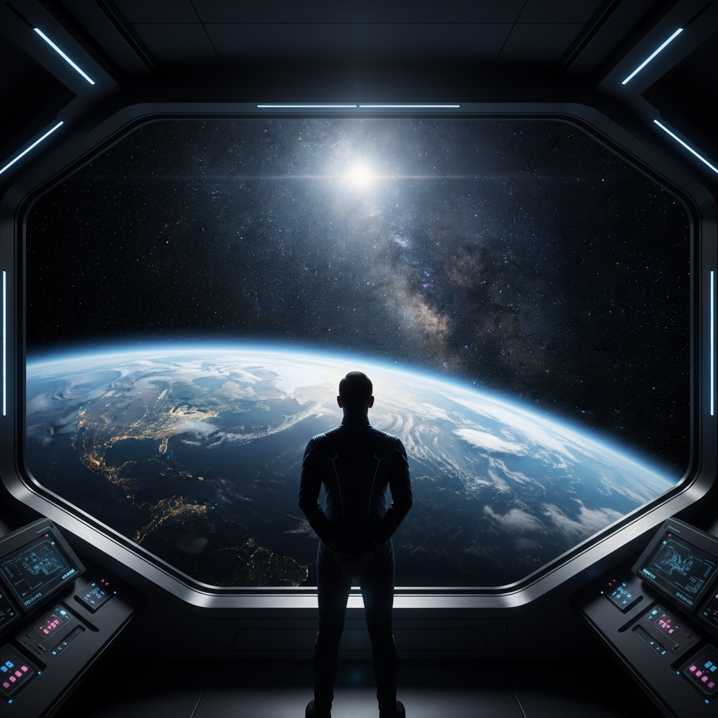 A futuristic spacecraft window showing a stunning view of Earth from orbit, with a silhouette of a person gazing out. The scene is brightly lit by the sun, showing the curvature of the Earth and the vastness of space.