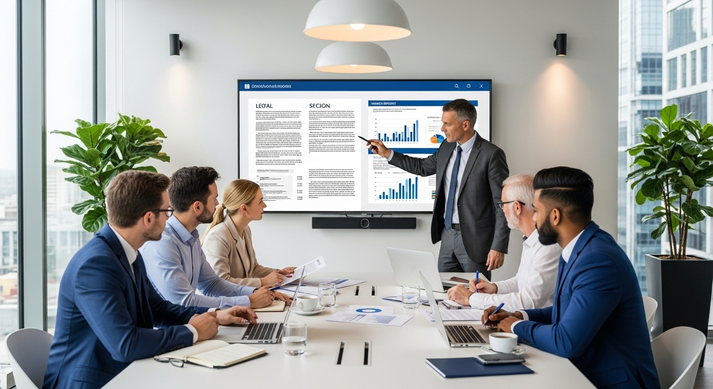 A diverse group of business professionals, including a UK expat, engaging in a detailed consultation session with a business consultant in a modern, well-lit office. They are reviewing legal documents and market reports on a large screen.