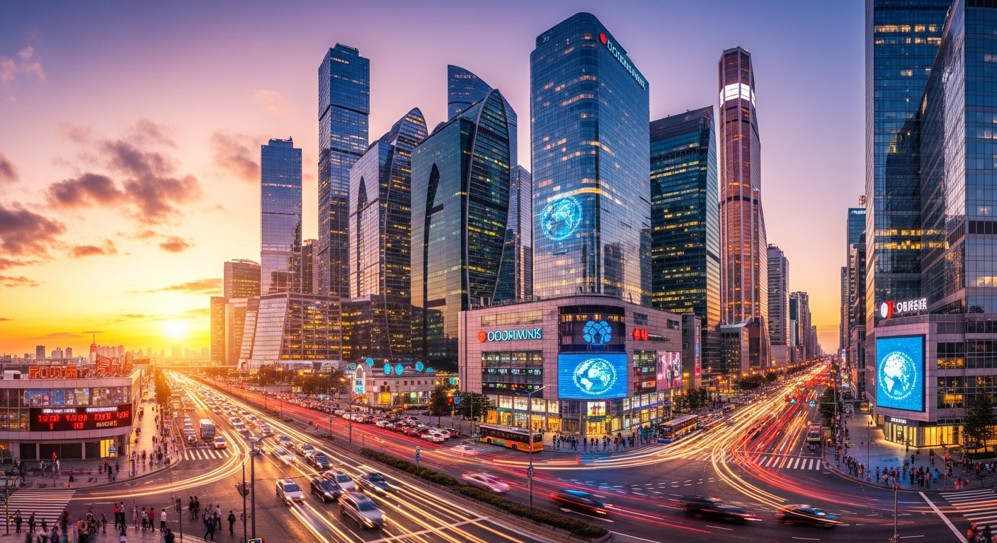 A panoramic shot of a bustling, modern international business district at sunset, with tall skyscrapers and a sense of global connectivity, symbolizing successful international business ventures facilitated by expert consulting.