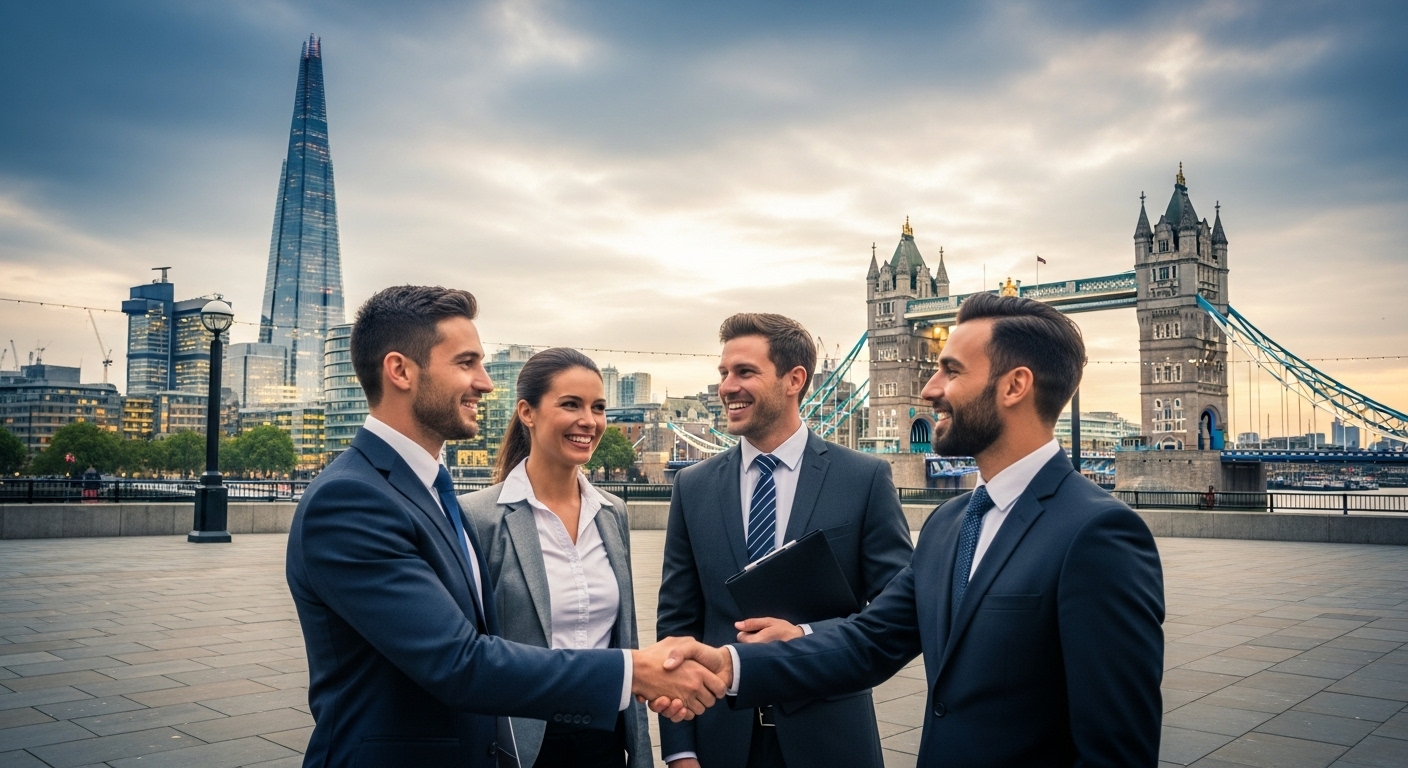 A photorealistic image showcasing iconic London landmarks like the Shard and Tower Bridge in the background, with a diverse group of business professionals in the foreground shaking hands, symbolizing global collaboration and market entry into the UK.