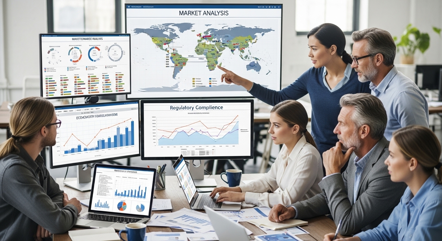 A detailed, photorealistic image of a diverse business team meticulously analyzing data on multiple screens, with various charts, graphs, and a world map visible, representing market research, strategic planning, and due diligence for international expansion.