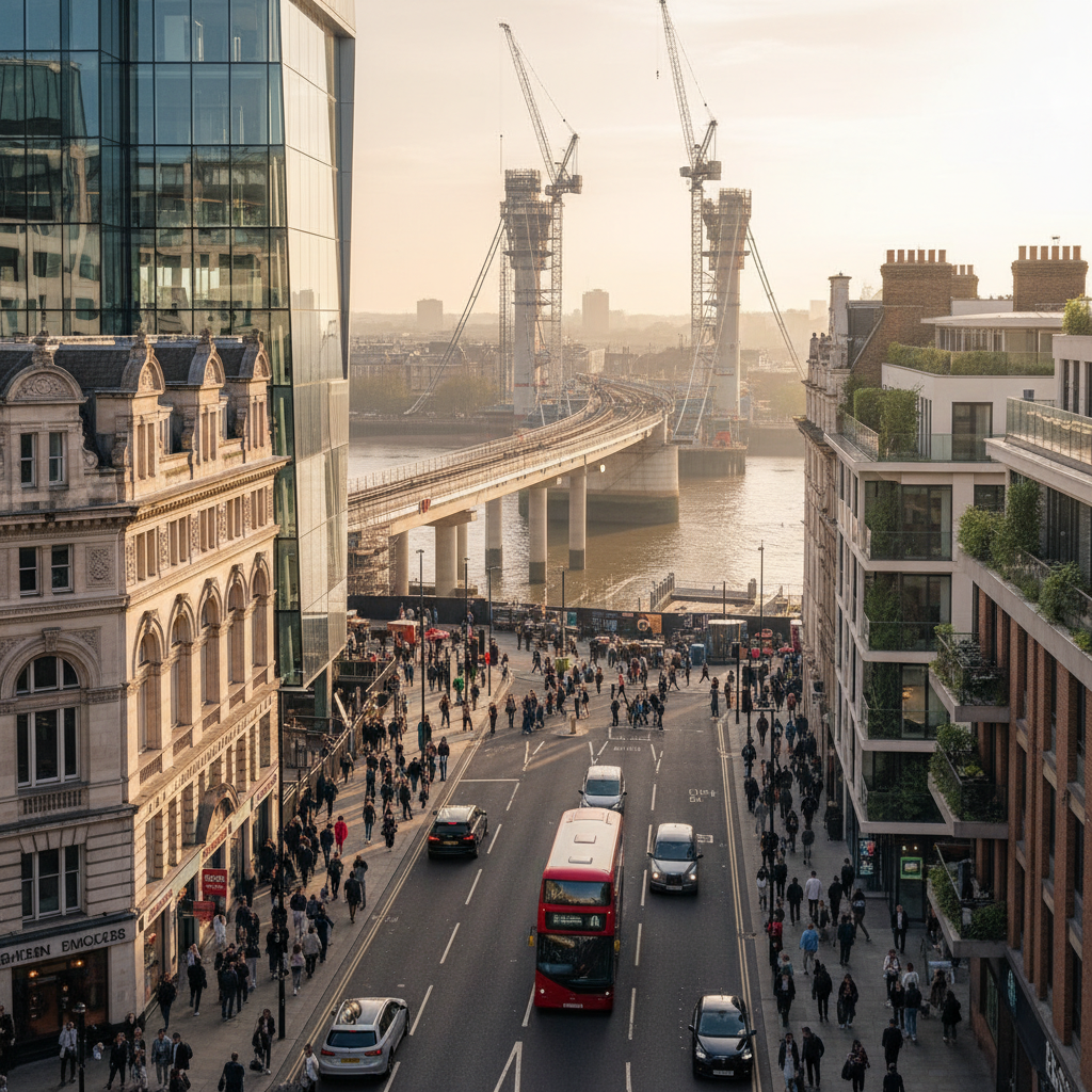 A high-angle, modern architectural shot of a bustling London street with diverse people walking, a mix of historic and contemporary buildings, and a visible new infrastructure project in the background, conveying growth and investment. Photorealistic.