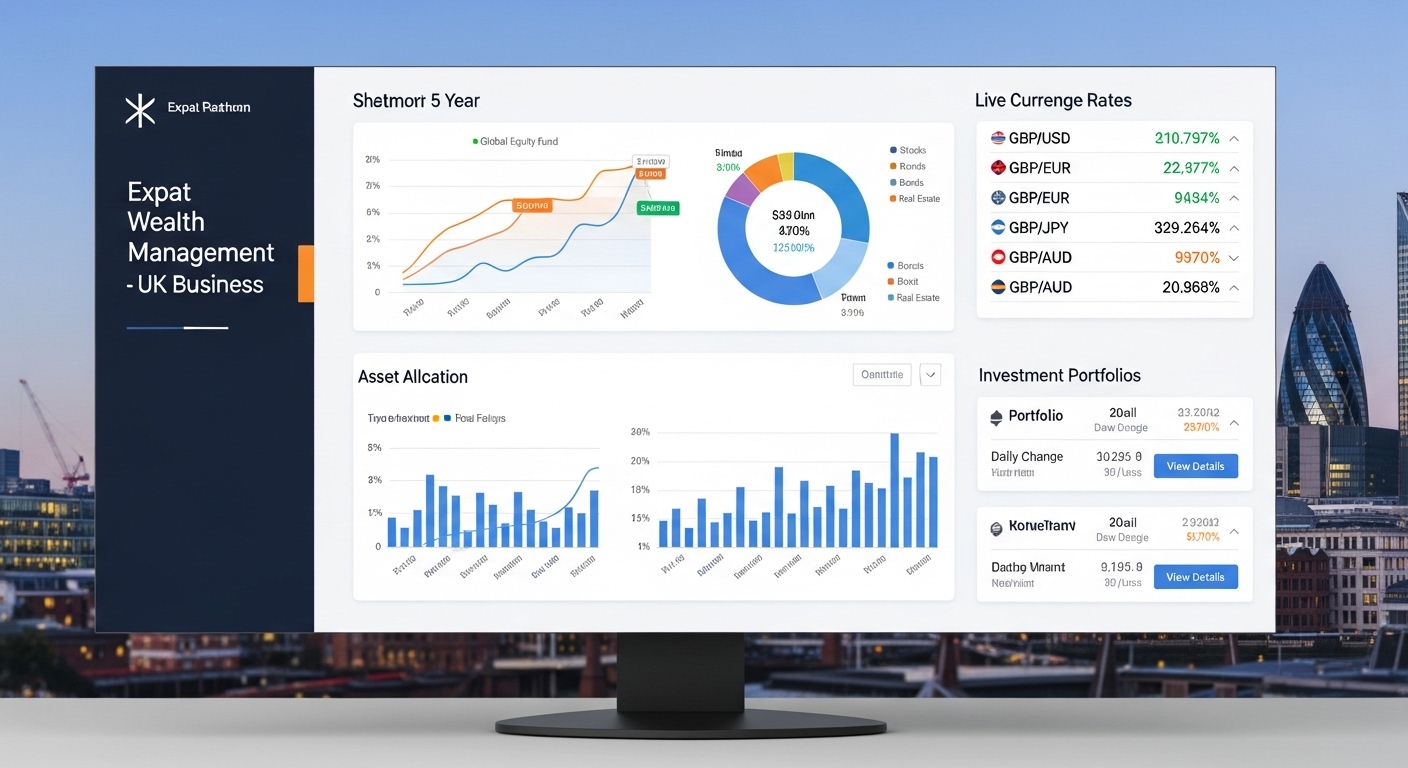 A sophisticated digital dashboard displaying various financial charts, global currency exchange rates, and investment portfolios, symbolizing comprehensive expat wealth management for a UK business. Focus on a clean, modern interface with a subtle backdrop of London's financial district.