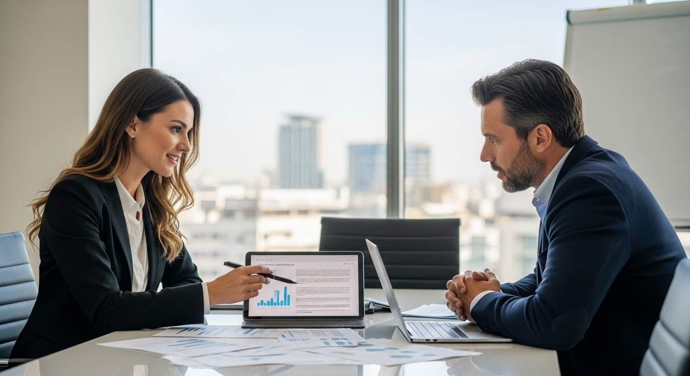 A professional financial advisor, a well-dressed woman, in a modern, brightly lit office, explaining complex financial documents to an expat business owner, a man, who is listening intently. They are looking at a tablet or paper documents together, with a serious yet reassuring expression.