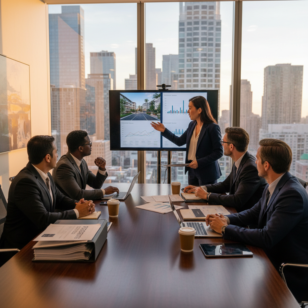 A diverse group of professional wealth managers and their client, a successful investor, sitting around a large table in a modern office, reviewing detailed property acquisition documents and market reports on a large screen, with a city skyline visible through the window. The atmosphere is collaborative and professional.