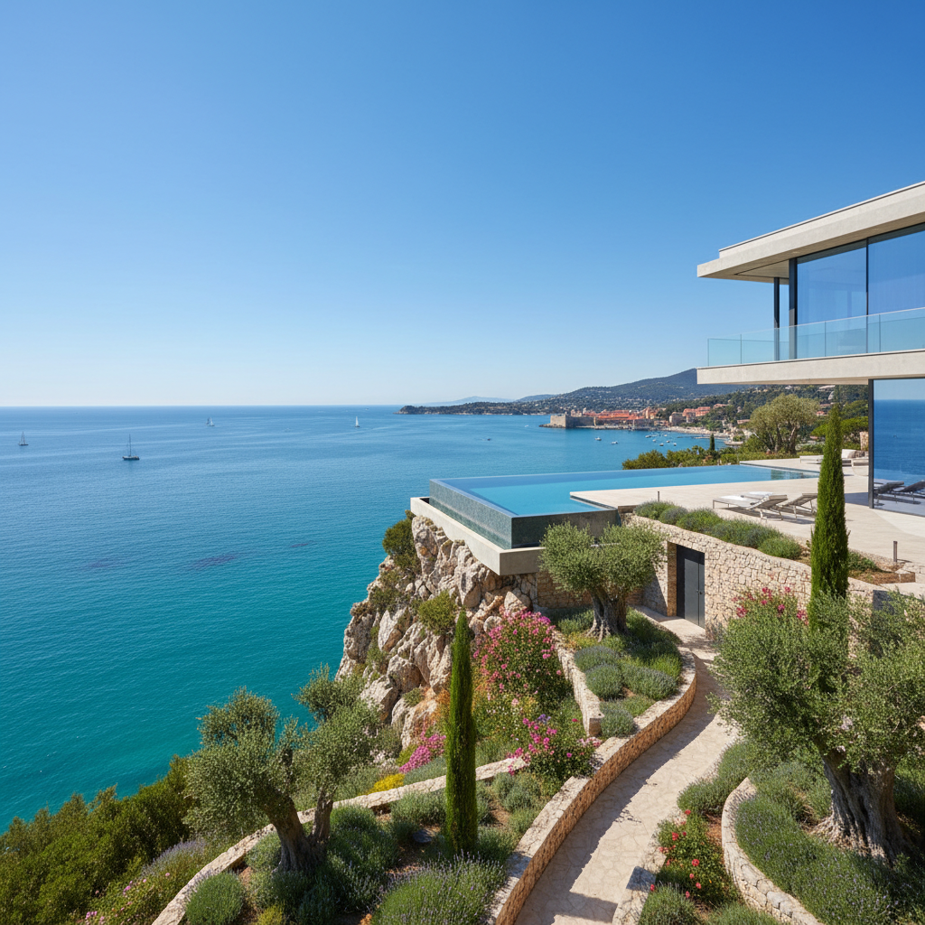 A stunning panoramic view of a luxurious modern villa nestled on a cliffside overlooking the azure Mediterranean Sea in the French Riviera, with a private infinity pool and lush green gardens under a clear blue sky.