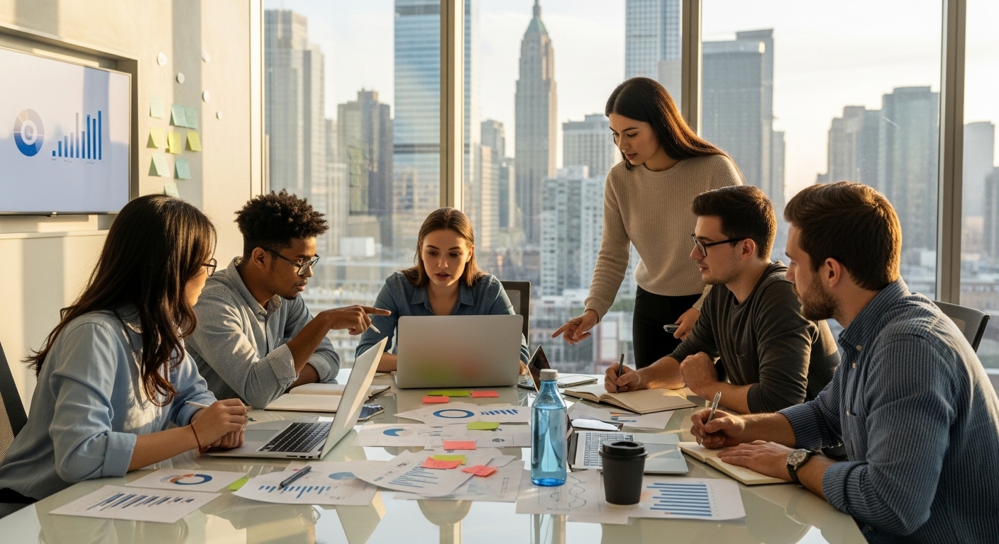 A diverse group of young professionals, male and female, from various ethnic backgrounds, collaborating intently around a modern conference table in a sleek, brightly lit office space with large windows overlooking a vibrant city skyline. They are discussing business plans, with laptops open and papers spread out, exuding an atmosphere of innovation and entrepreneurial spirit. Photorealistic, high-resolution.