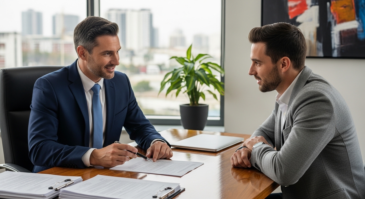 A professional immigration consultant, impeccably dressed, is patiently explaining complex visa application documents to an expat entrepreneur in a well-appointed, modern office. The consultant is pointing to a section on a form, and the expat is listening attentively, with a look of understanding and reassurance. There are legal documents and a laptop on the desk. Photorealistic, high-resolution.