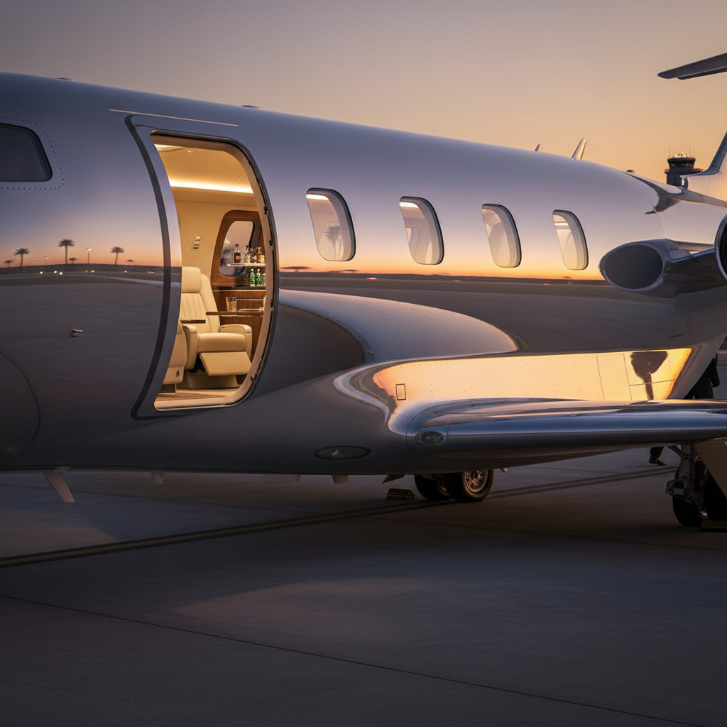 A sleek, modern private jet with a polished metallic exterior parked on a tarmac at sunset, with a luxurious interior visible through the cabin windows. The plane is an ultra-long-range jet, exuding opulence and efficiency, ready for takeoff. Photorealistic with soft, warm lighting.