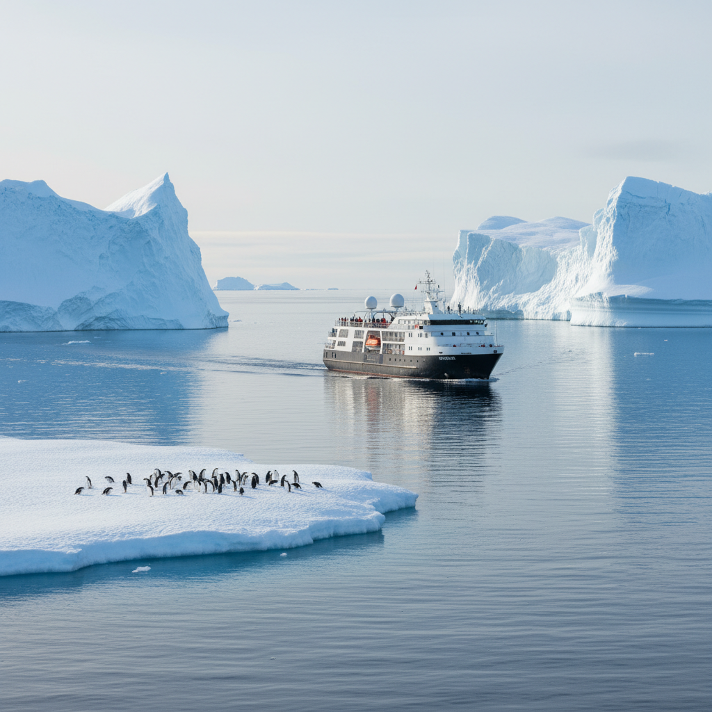 A wide-angle, photorealistic shot of an expedition cruise ship gently navigating through calm, deep blue Antarctic waters, flanked by towering, sculptural icebergs reflecting the soft light of a clear sky, with a group of penguins visible on a nearby ice floe.