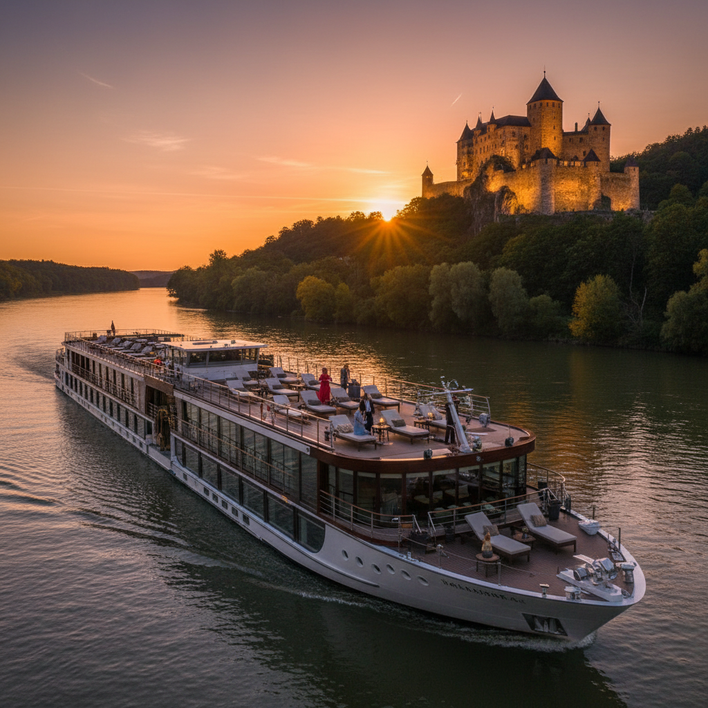 A luxurious river cruise ship sailing gracefully along the Danube River at sunset, passing a historic castle perched on a hill. The sky is painted with warm orange and purple hues, reflecting on the calm water. The ship's deck is visible with elegant lounge chairs and a few well-dressed passengers enjoying the view. The castle is detailed and illuminated, with lush green trees surrounding the riverbanks. Photorealistic style, high-resolution.