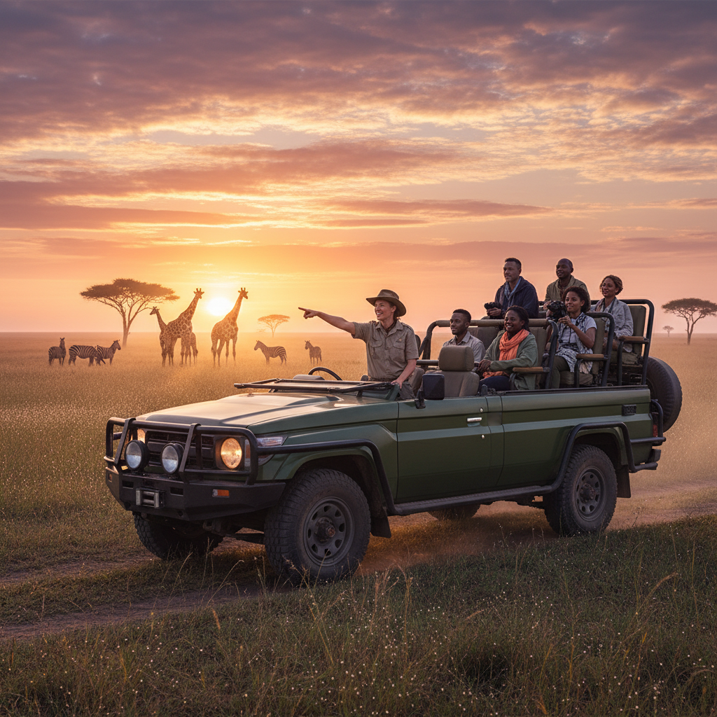 A stunning, photorealistic scene of a customized safari jeep driving through the vast plains of the Serengeti at sunrise, with giraffes and zebras in the distance and a professional guide pointing towards wildlife. The sky is a mix of orange, pink, and purple hues, reflecting off the dew on the grass, creating a truly magical atmosphere.