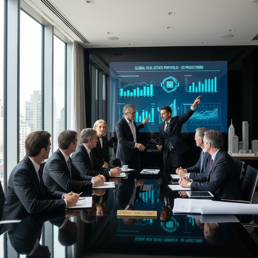 A detailed, photorealistic image showing a group of diverse high-net-worth individuals in a modern, elegant boardroom, attentively reviewing digital charts and projections on a large screen, discussing a sophisticated real estate investment portfolio. The room is sleek with natural light, reflecting a sense of professionalism and strategic financial planning. There are subtle architectural models or blueprints on a nearby table.