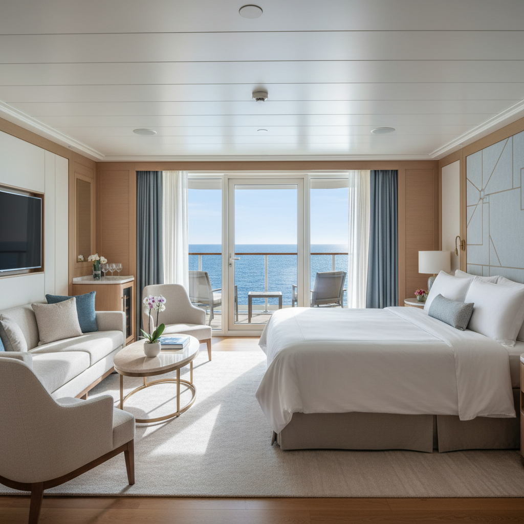 A wide-angle, luxurious interior view of a spacious cruise ship suite, featuring a large private balcony overlooking a clear blue ocean, a comfortable king-sized bed with crisp white linens, an elegant sitting area with a sofa and coffee table, and sophisticated modern decor. Sunlight streams through the floor-to-ceiling glass doors leading to the balcony, highlighting the pristine finishings. The scene conveys ultimate comfort and exclusivity.